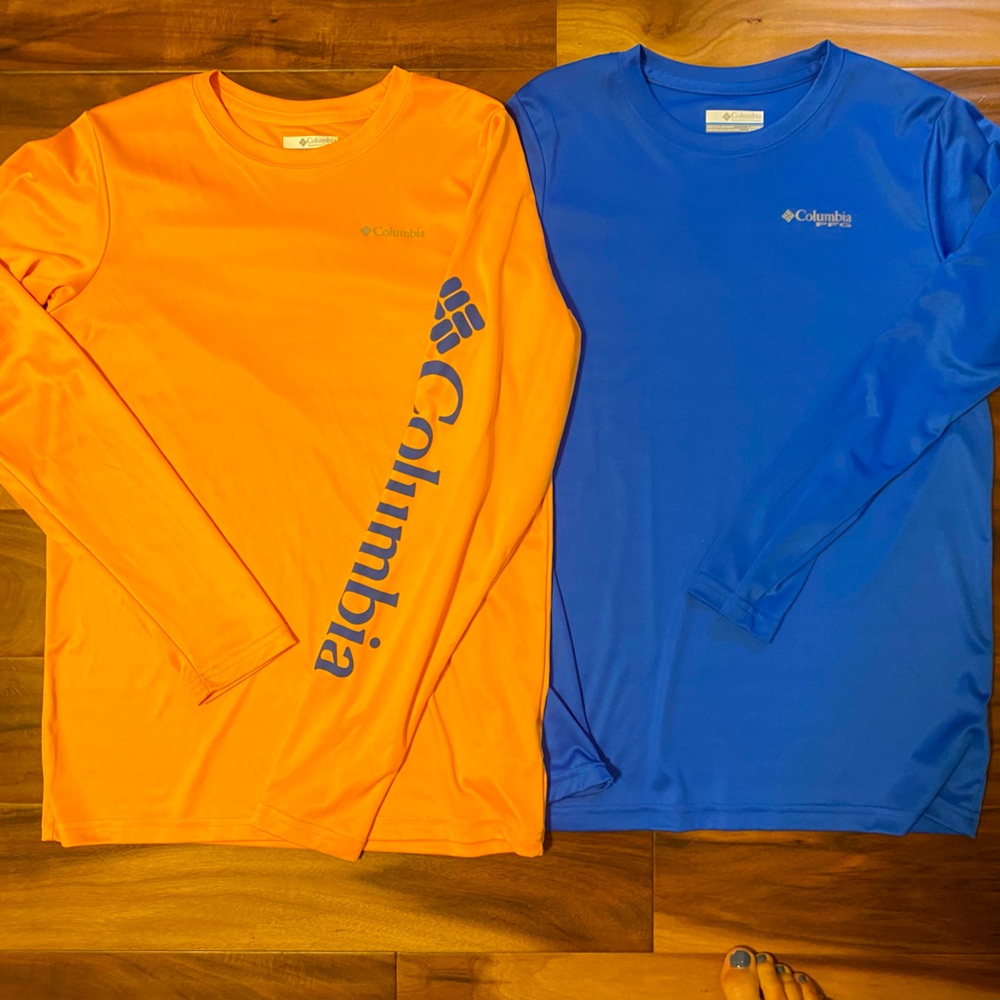 (2) boys Columbia PFG long-sleeve fishing shirts, size large. Great condition